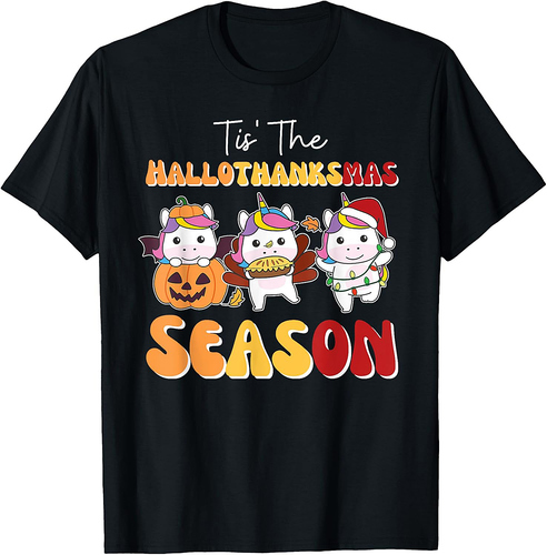 Unicorn Christmas Halloween Tis' The Hallothanksmas Season T-Shirt