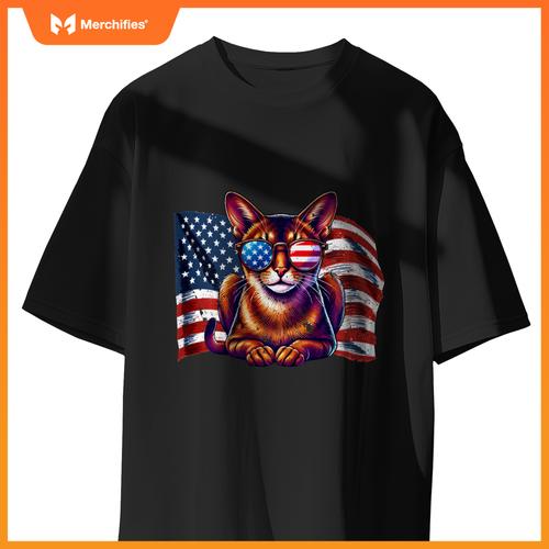 Vintage Abyssinian Cat USA Flag Sunglasses Patriotic Pets T-Shirt