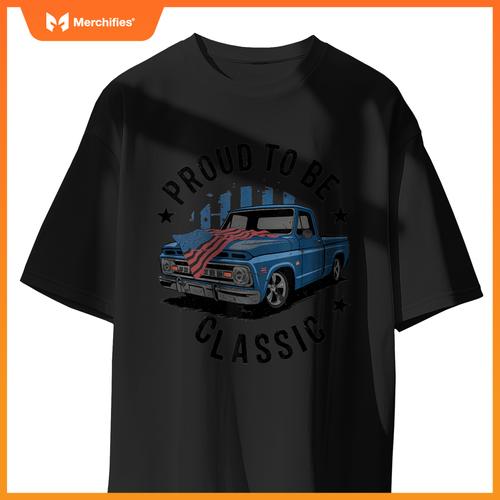 Vintage Blue Pickup Truck with Patriotic USA Flag Design T-Shirt
