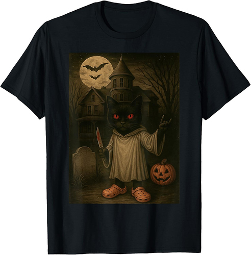 Vintage Ghost Black Cat Spooky Knife Creepy Halloween T-Shirt