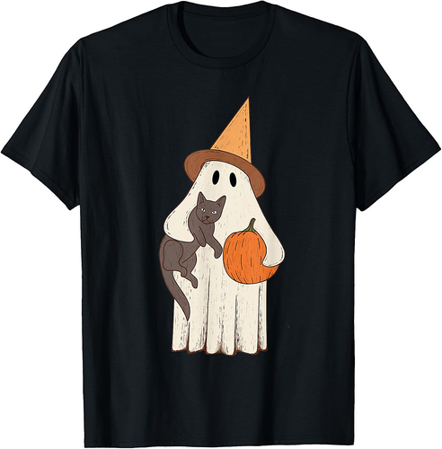 Vintage Ghost with Cat Halloween Graphic T-Shirt