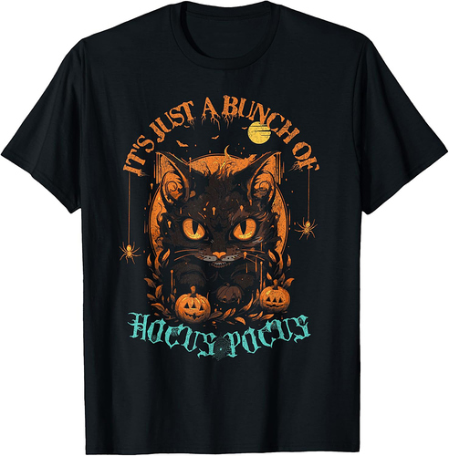 Vintage Halloween Black Cat It's Just A Bunch Of Hocus Pocus Men Women T-Shirt