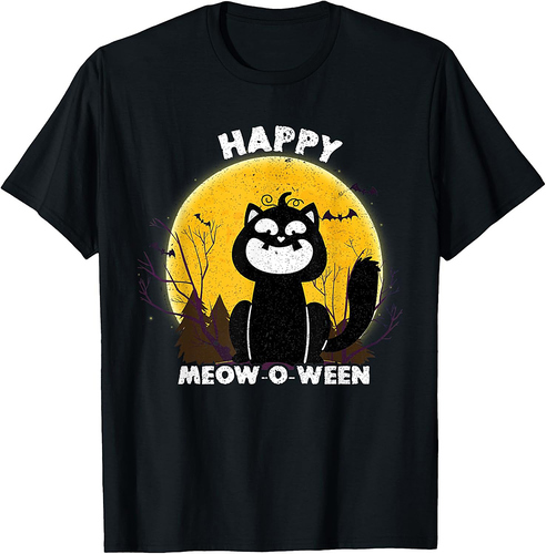 Vintage Halloween Meowoween Black Cat Pumpkin Head Costume T-Shirt for Men Women Kids