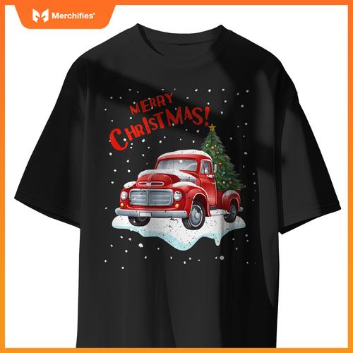 Vintage Merry Christmas Red Pickup Truck Old Fashioned Xmas T-Shirt