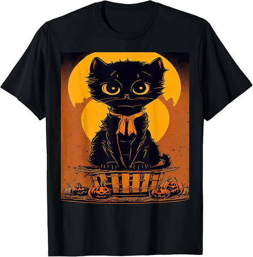 Vintage Scary Cute Halloween Black Cat & Moon Costume Men Women Kids T-Shirt