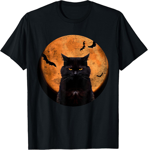 Vintage Scary Halloween Black-Cat Costume Retro Moon Cat Mom T-Shirt for Men Women Kids