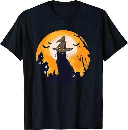 Vintage Scary Halloween Black Cat Witches Hat T-Shirt