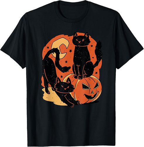 Vintage Scary Halloween Black Cats and pumpkin T-Shirt