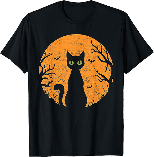 Vintage Scary Halloween Cat Costume Retro Cat Moon Men Women Kids T-Shirt