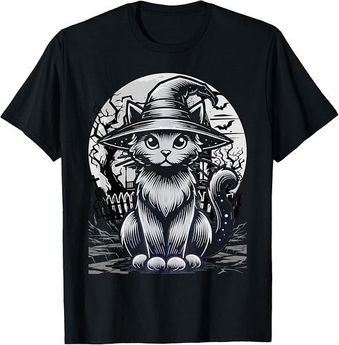 Vintage Scary Halloween Cat Costume Retro Cat Moon T-Shirt