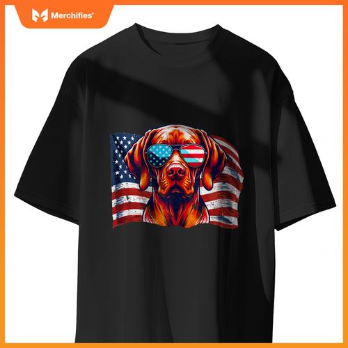 Vizsla Dog USA Flag Patriotic Sunglasses Freedom Vintage T-Shirt