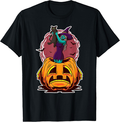 Witch Pumpkin Black Cat Scary spooky Sorcerer Halloween T-Shirt for Men Women Kids