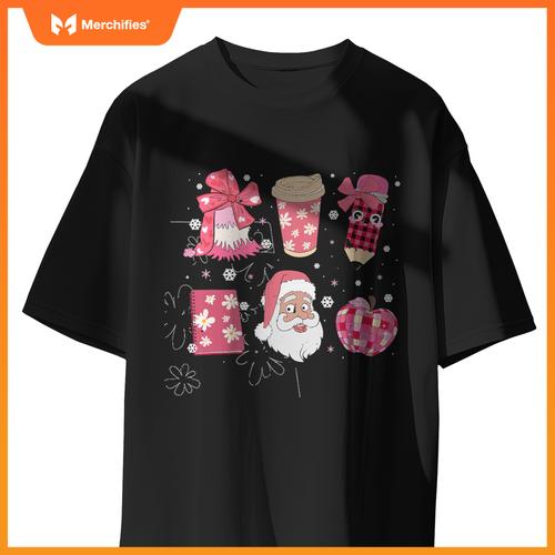 Women Pink Santa Teacher Christmas Coquette Bow Pencil Santa