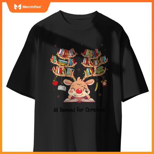 Women Reindeer Books Christmas Nerd Merry Teacher Librarian T-Shirt
