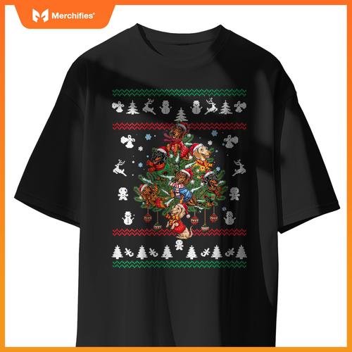 Womens Dachshund Christmas Dogs Tree Lights Ornaments Ugly Sweater V-Neck T-Shirt