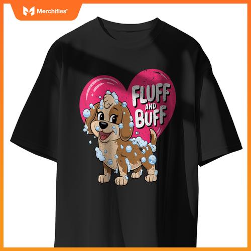 Womens Fluff and Buff Dog Grooming Cartoon with Bubbles V-Neck T-Shirt
