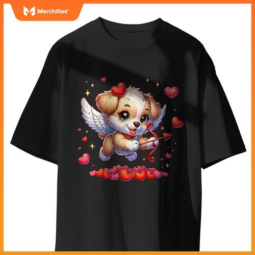Womens Valentine's Day Puppy Dog Cupid Girls Women Graphic T-Shirt
