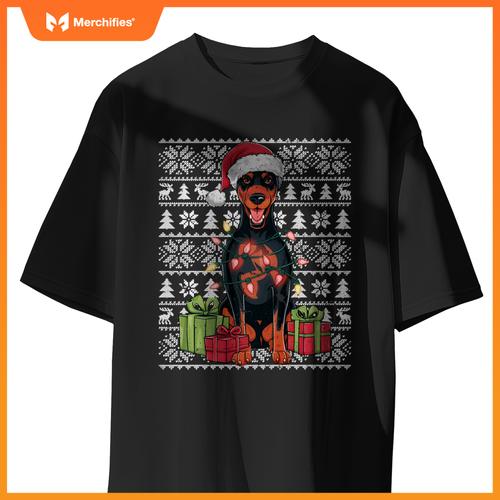 Womens Xmas Lights Santa Doberman Pinscher Dog Christmas Tree T-Shirt