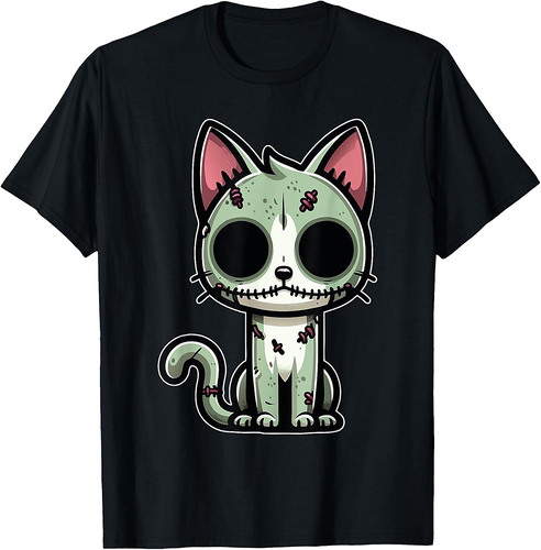 Zombie Cat Halloween Cartoon Design for Cat Lovers T-Shirt for Men Women Kids