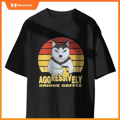 Aggressively Drinks Coffee Beverage Husky Wolf Dog T-Shirt
