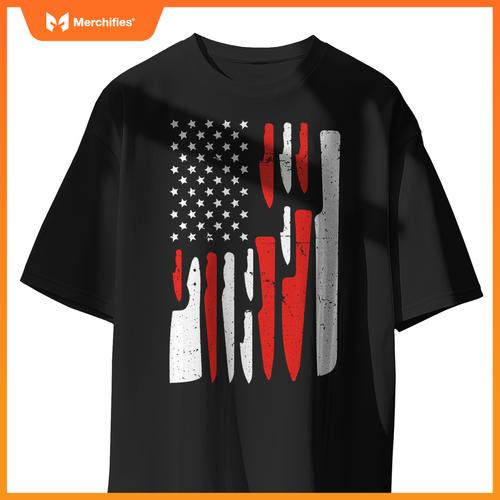 American Flag Sous Chef Knife Illustration Cook Life Print T-Shirt