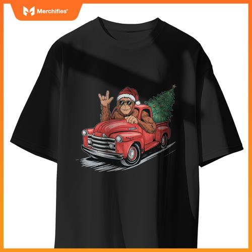 Bigfoot Rock On Christmas Tree Light Driving Truck Boys Men T-Shirt