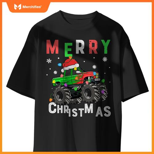 boys monster truck merry christmas santa hat toddler t-shirt