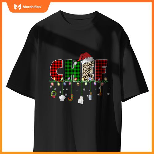 Chef Christmas Santa Hat Xmas Leopard Buffalo Plaid T-Shirt
