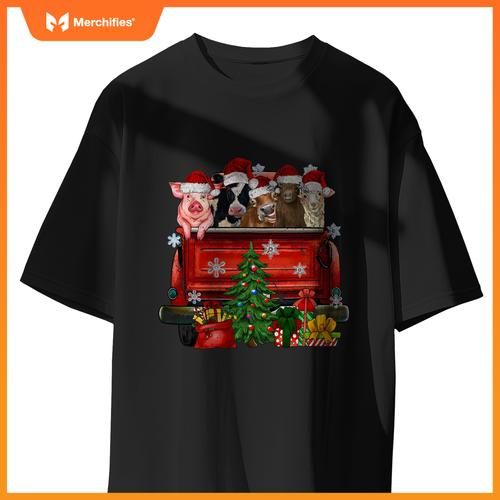 Christmas Farm Animals Truck Santa Hat Family Pajamas Xmas T-Shirt