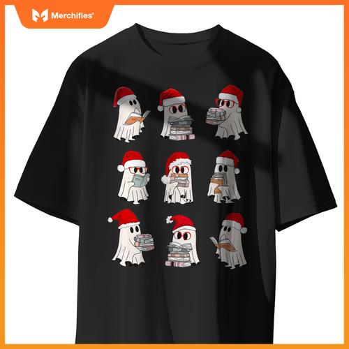 Christmas library teacher, santa ghost reading books