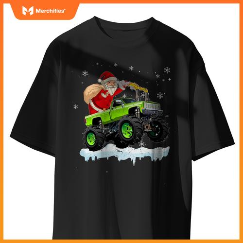 Christmas Santa Claus Riding In Monster Truck Boys Kids Xmas T-Shirt