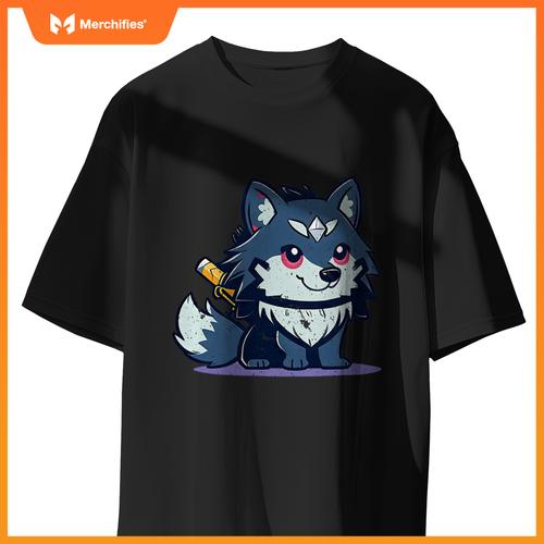 Cute Cartoon Wolf Ninja And His Dog Sidekick With Sword T-Shirt
