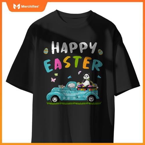 Cute Panda With Bunny Ears Egg Hunting Truck Easter T-Shirt