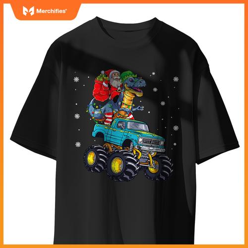 Dinosaur Santa Monster Truck Family Matching Christmas T-Shirt
