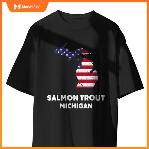 distressed patriotic usa flag salmon trout, michigan T-Shirt