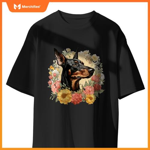 Doberman Pinscher Dog With Flowers  Floral Border T-Shirt