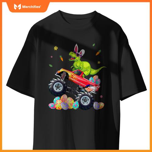 Easter Eggs Monster Truck T-Rex Dinosaur Rabbit Ears Kids T-Shirt