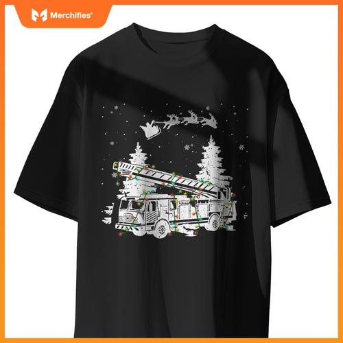Fire Truck & Christmas Lights Firefighter Xmas Pajamas T-Shirt
