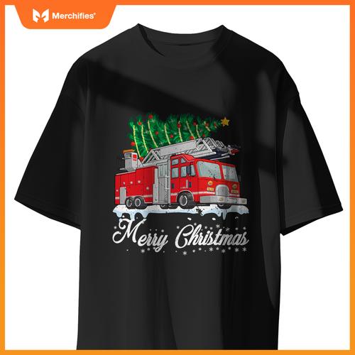 Fire truck christmas tree boy toddler kids firefighter xmas T-shirt