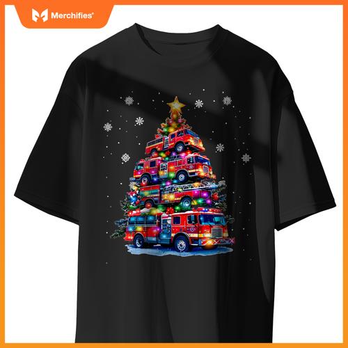 Fire truck christmas tree lights firefighter holiday T-shirt