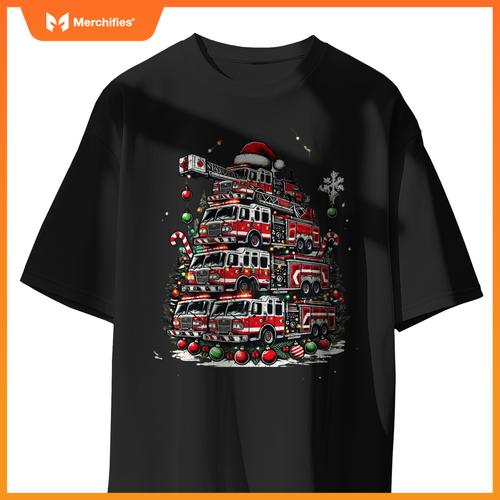 Firefighter Fire Truck Christmas Tree Lights Santa Fireman T-Shirt