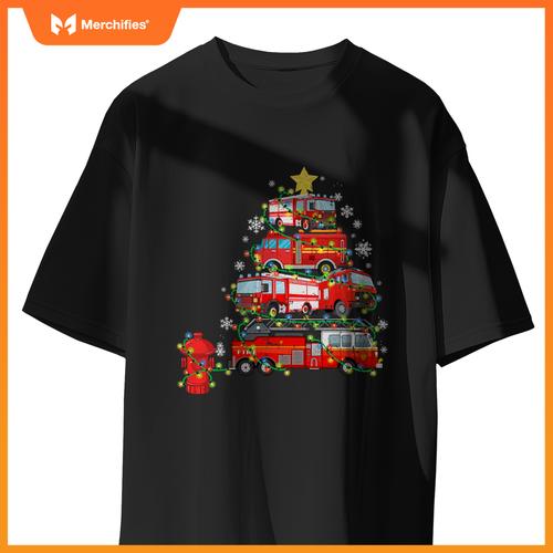 Firefighter, Fire Truck Christmas Tree, Ugly Xmas T-Shirt