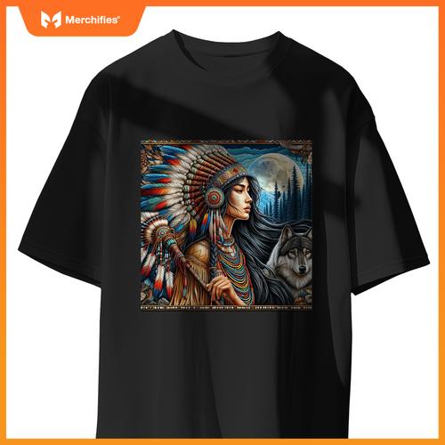 Indian Native American Woman With White Wolf Vintage Gifts T-Shirt