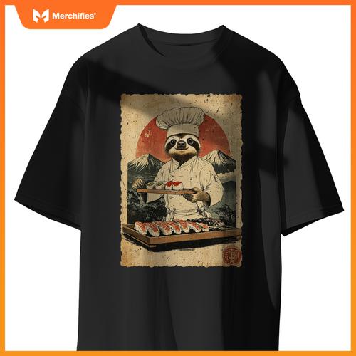 Japanese Food Art Cute Lazy Sloth Sushi Chef T-Shirt