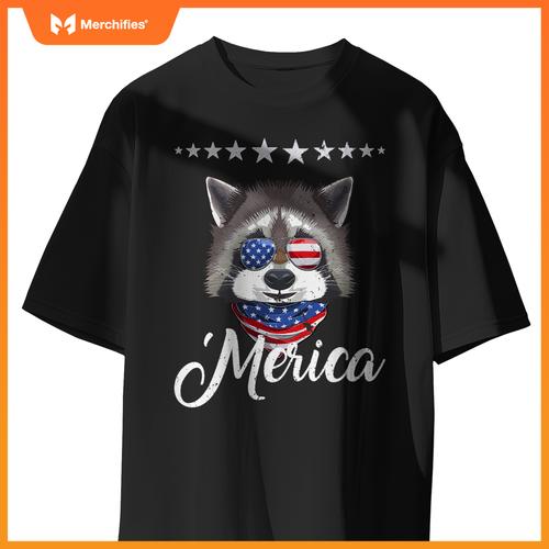 Merica patriotic usa flag fun raccoon sunglusses 4th of july T-Shirt