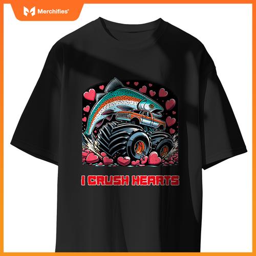 Monster Truck I Crush Hearts Coho Salmon Fish Valentines T-Shirt