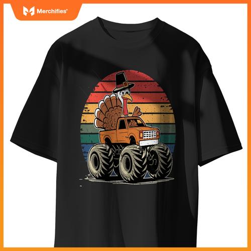 Monster Truck Turkey Sunset  Thanksgiving Boys Kids T-Shirt