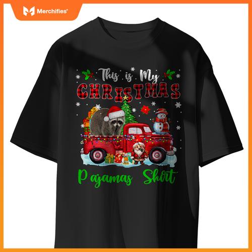 My Christmas Pajamas Santa Raccoon On Pickup Truck T-Shirt