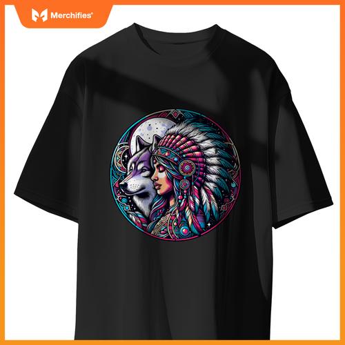 Native American Totem Woman And Wolf T-Shirt