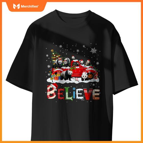 Panda Riding Red Truck Christmas Tree Believe Santa Pajama T-Shirt